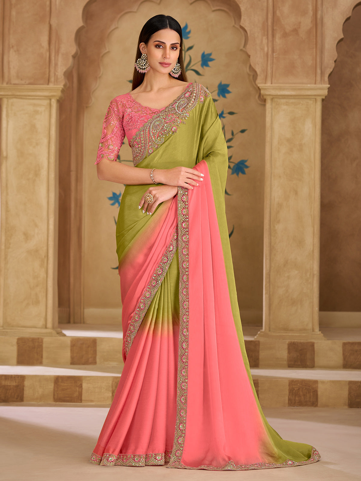 Green shaded regal chiffon wedding saree glamour