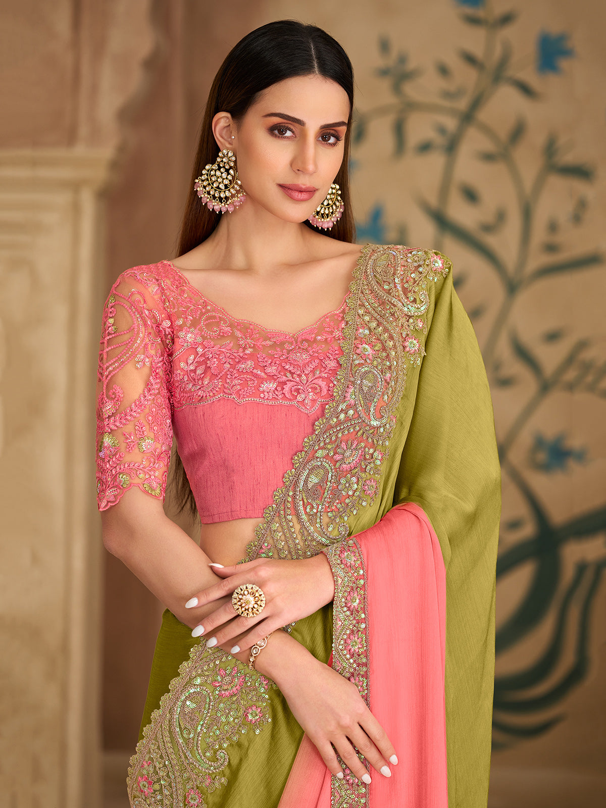 Green shaded regal chiffon wedding saree glamour