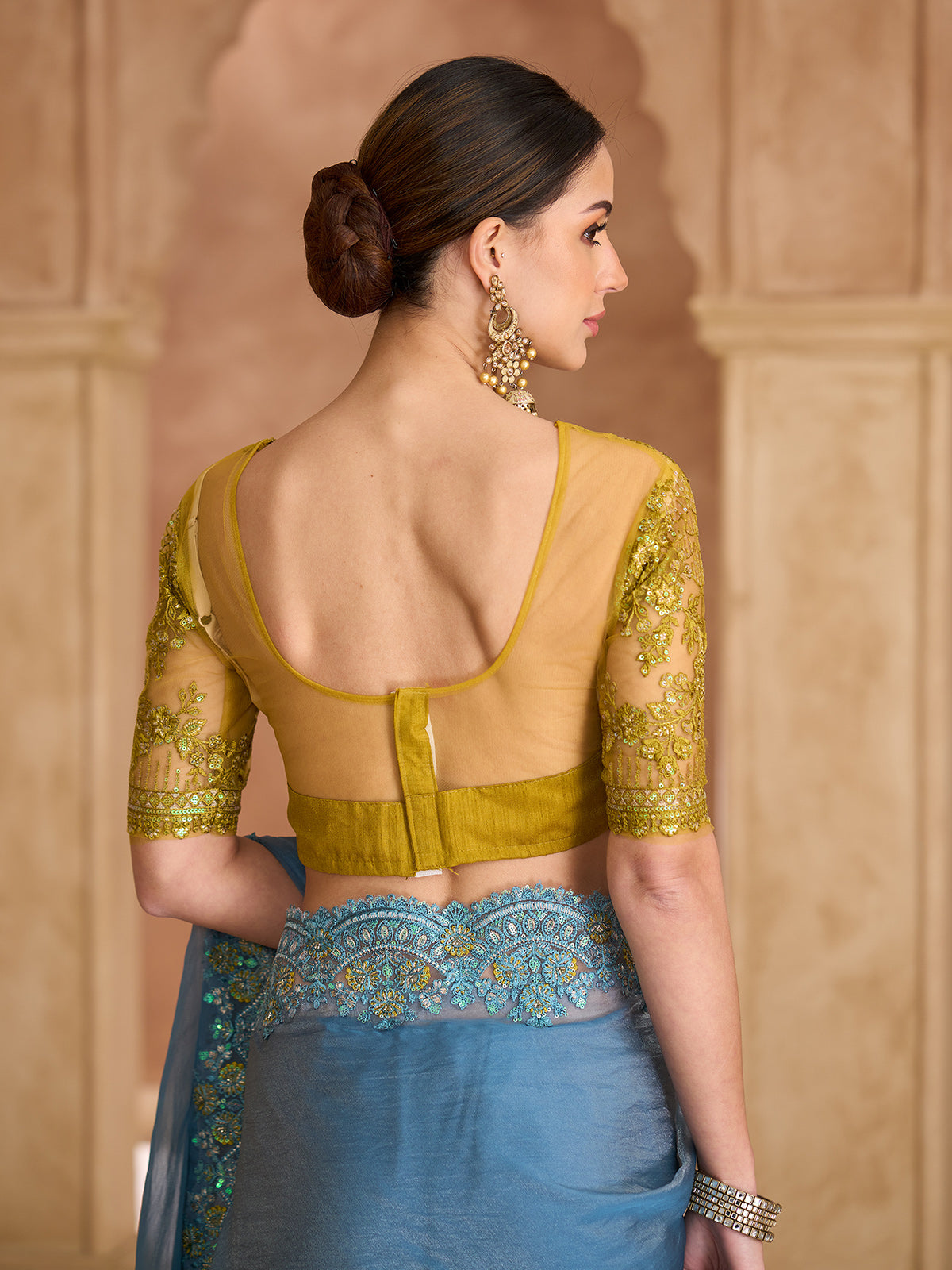 Sky blue graceful embroidered festive tissue saree