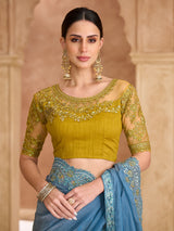 Sky blue graceful embroidered festive tissue saree