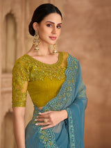 Sky blue graceful embroidered festive tissue saree
