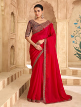 Cherry red luxurious zari wedding saree statement