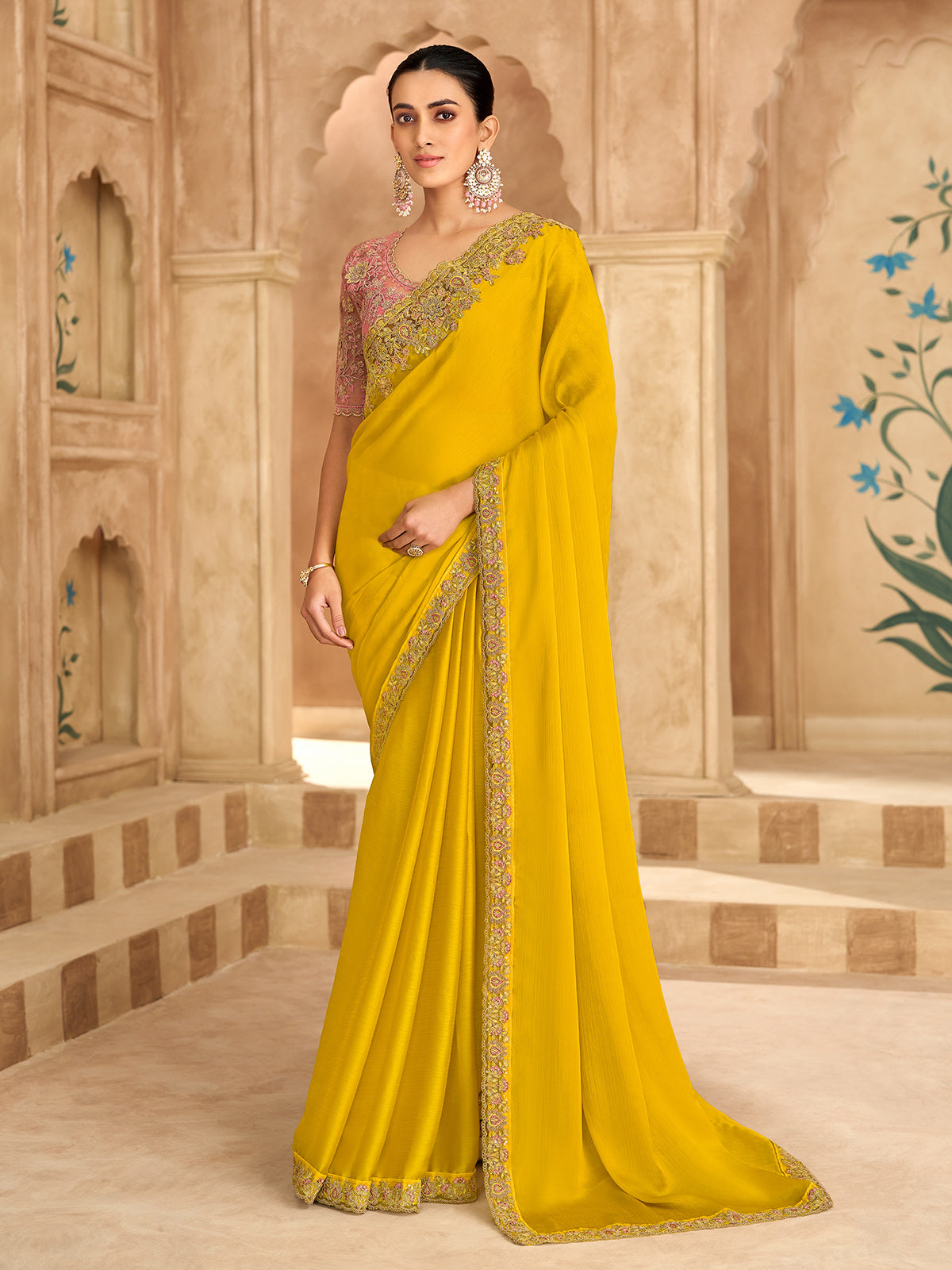 Gold radiant zardosi festive chiffon saree glamour