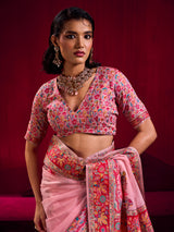 Pink artistic floral weave festive saree charm
