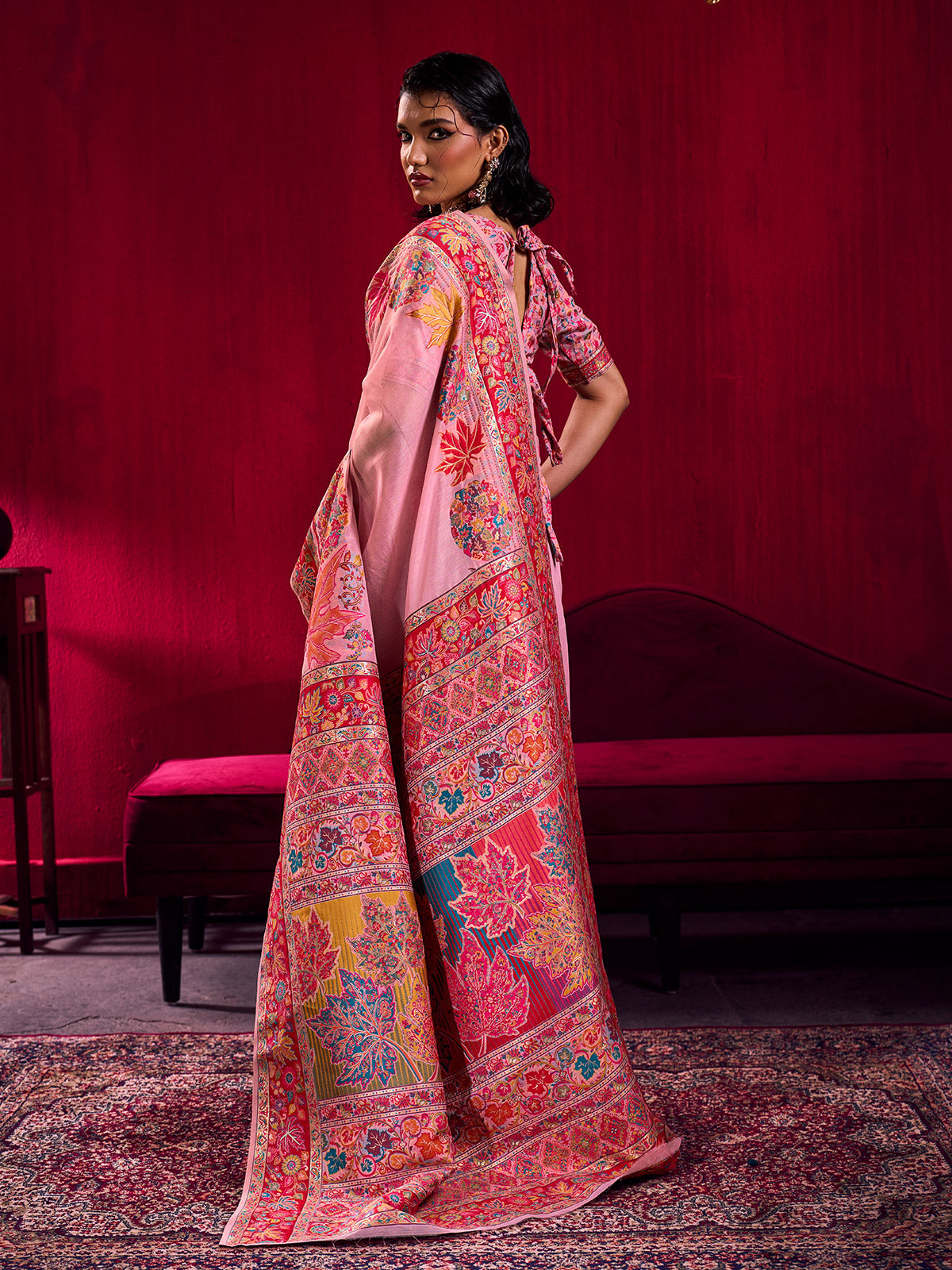Pink artistic floral weave festive saree charm