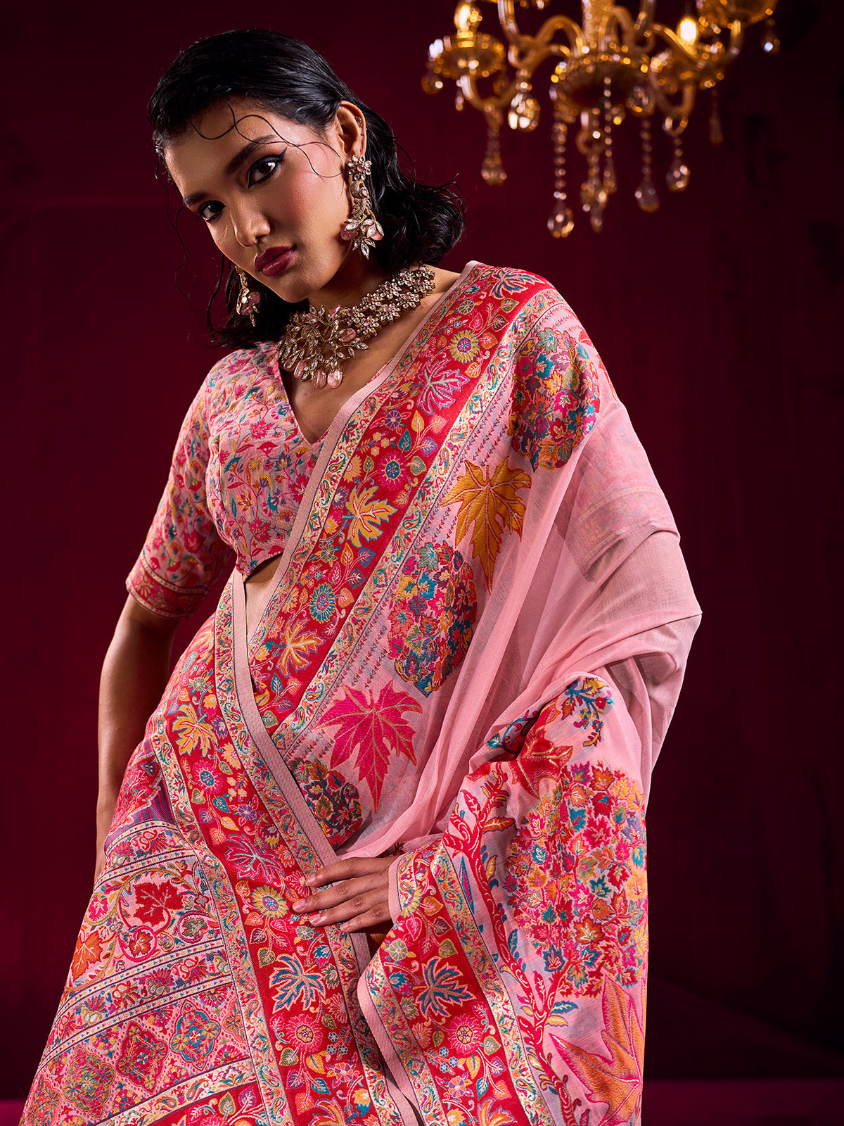Pink artistic floral weave festive saree charm