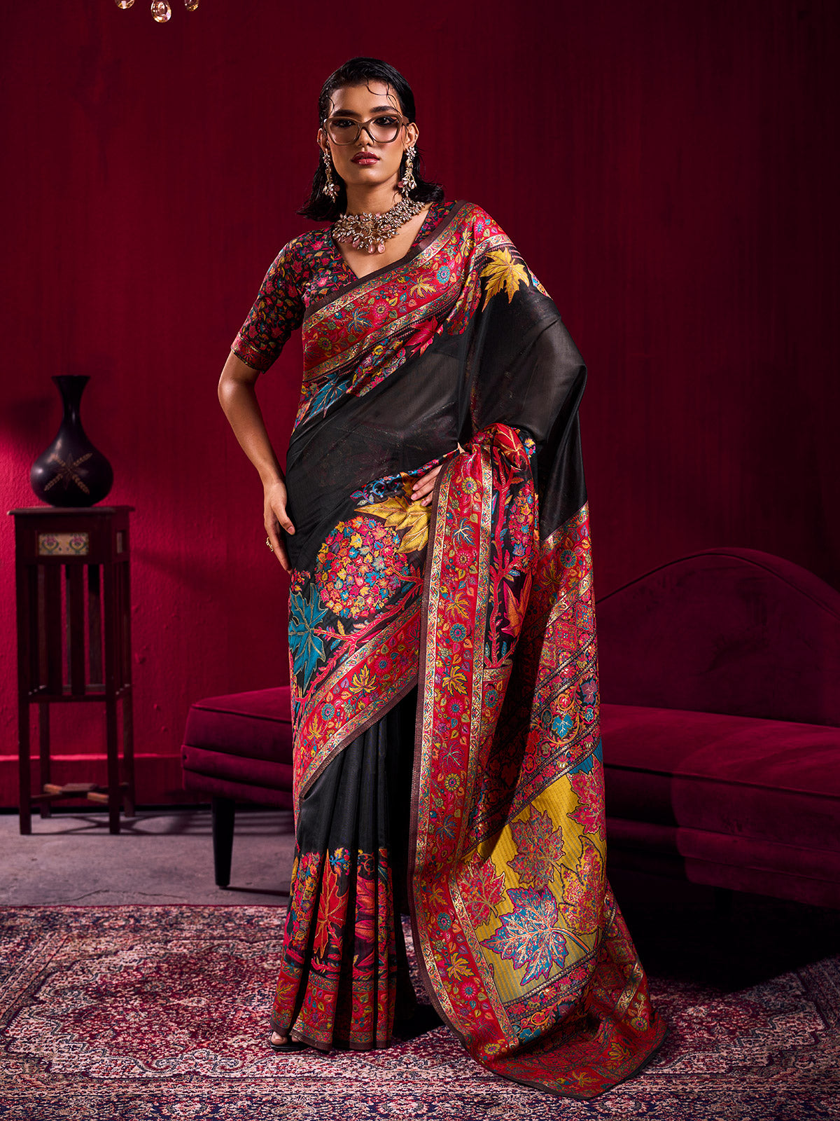Black royal multicolor woven saree statement beauty