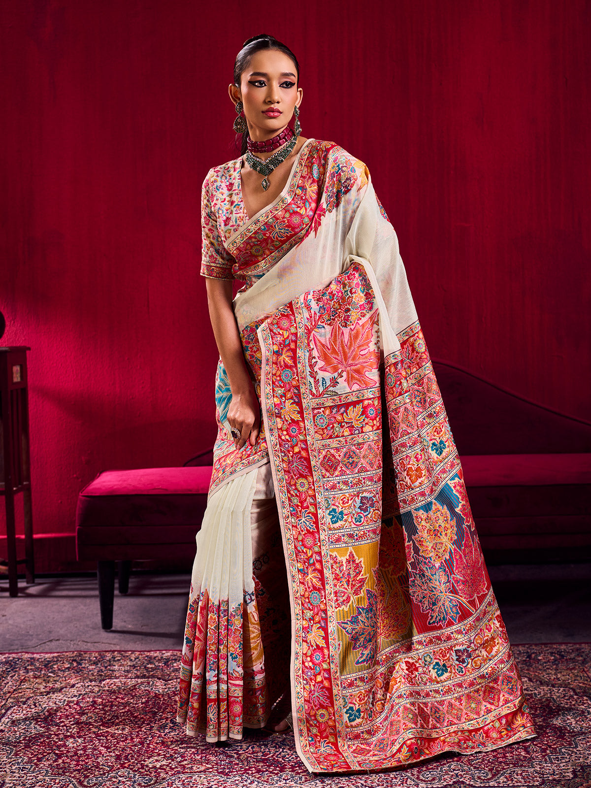 White graceful woven elegance festive saree glamour