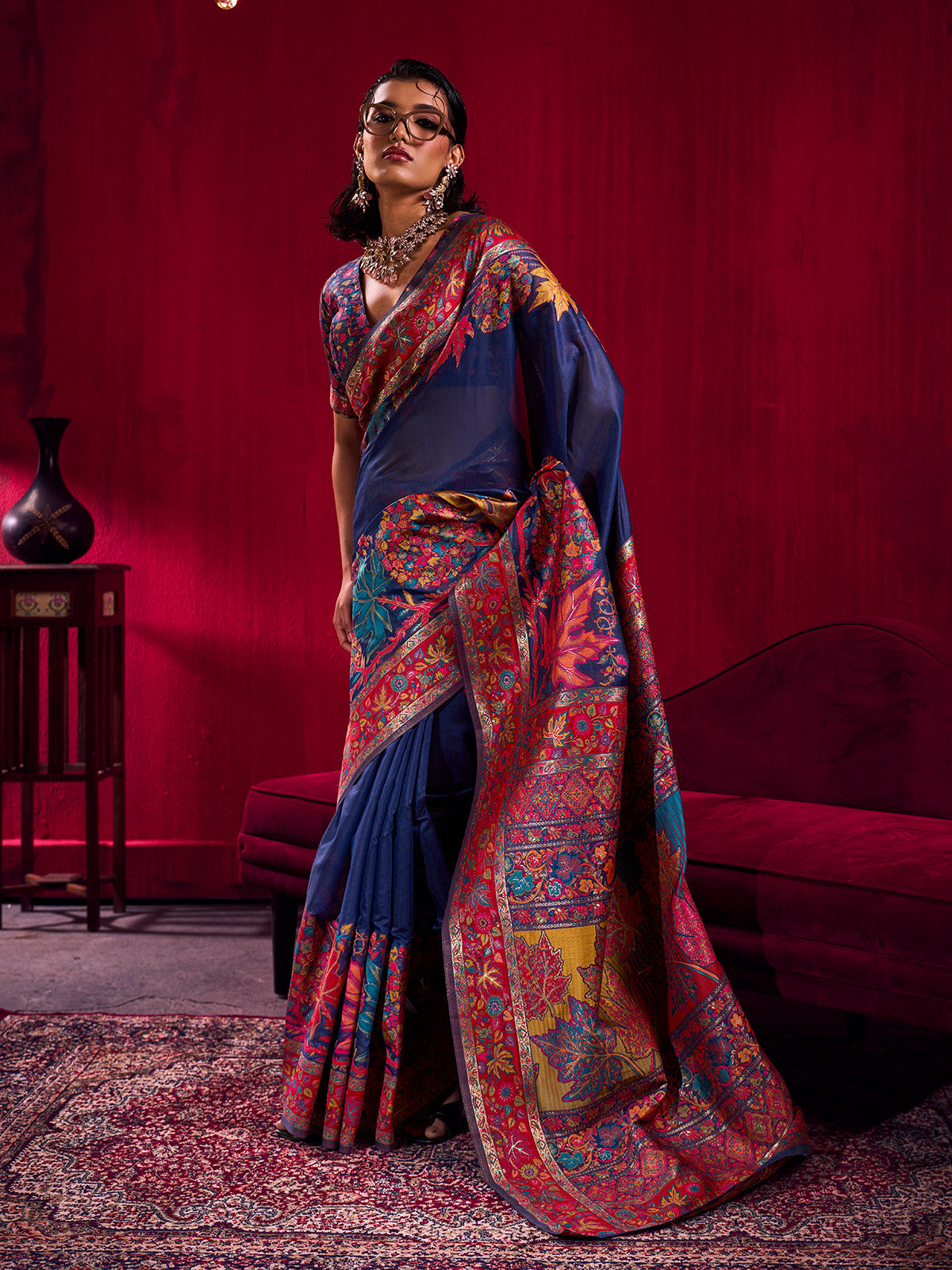 Blue luxurious woven heritage saree festive splendor