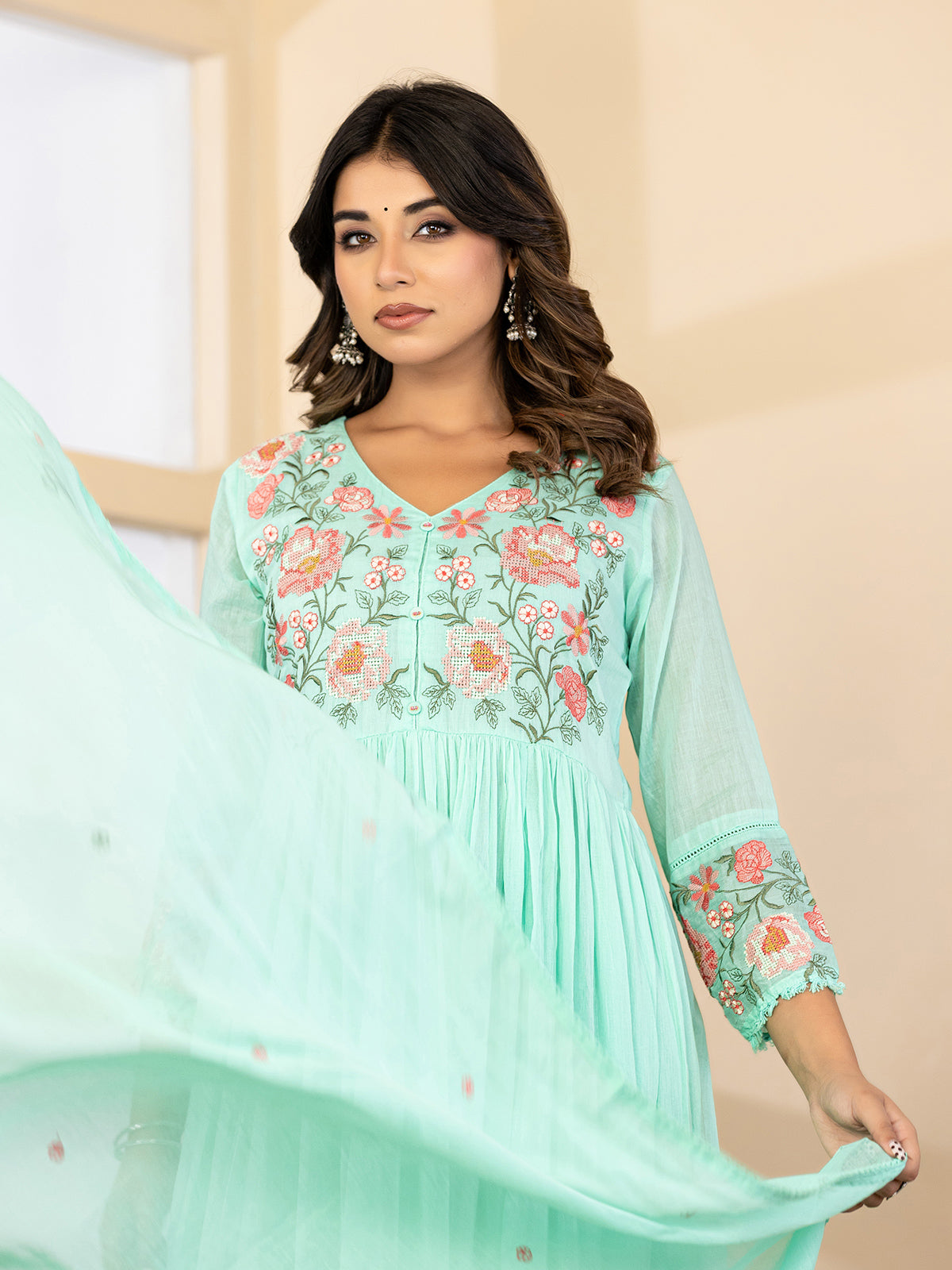 Mint green floral bloom anarkali kurti set