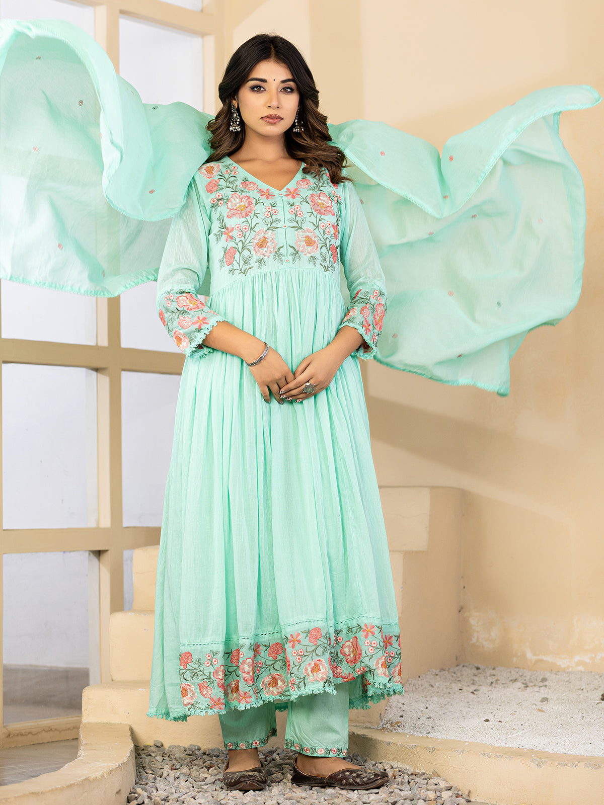 Mint green floral bloom anarkali kurti set