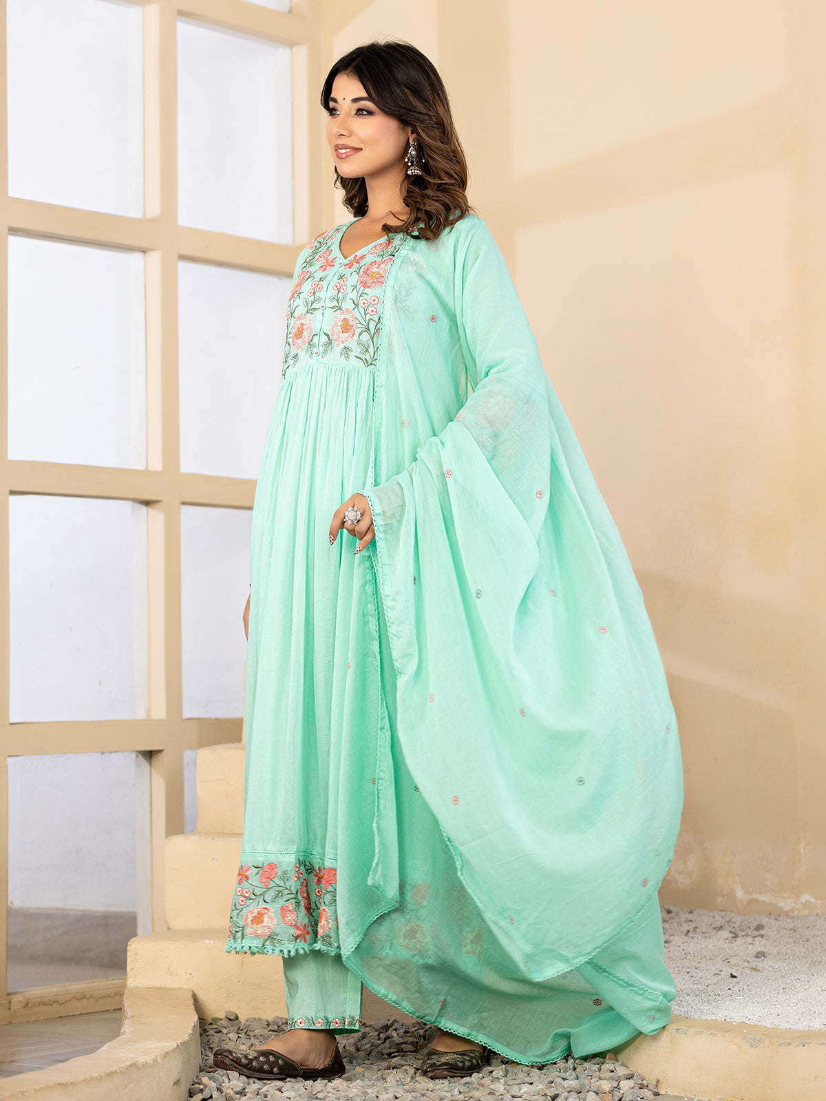 Mint green floral bloom anarkali kurti set
