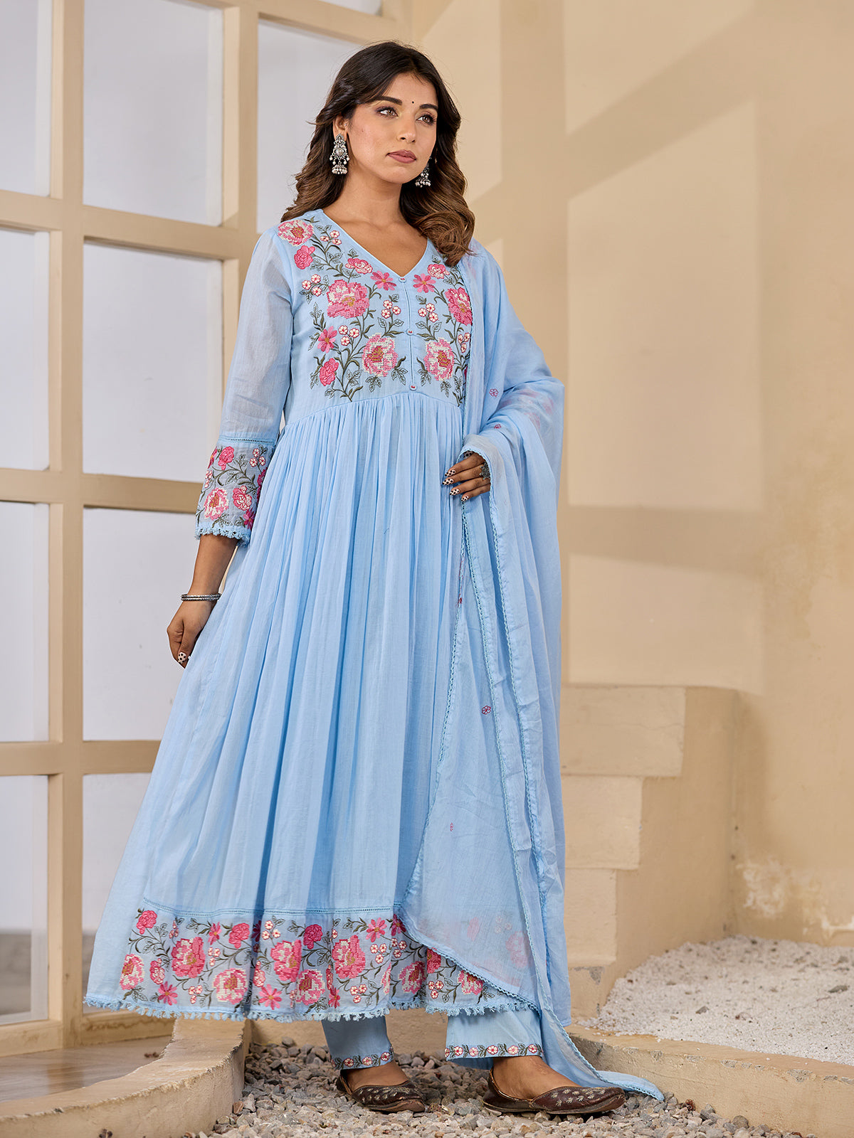 Blue embroidered garden charm anarkali kurti set