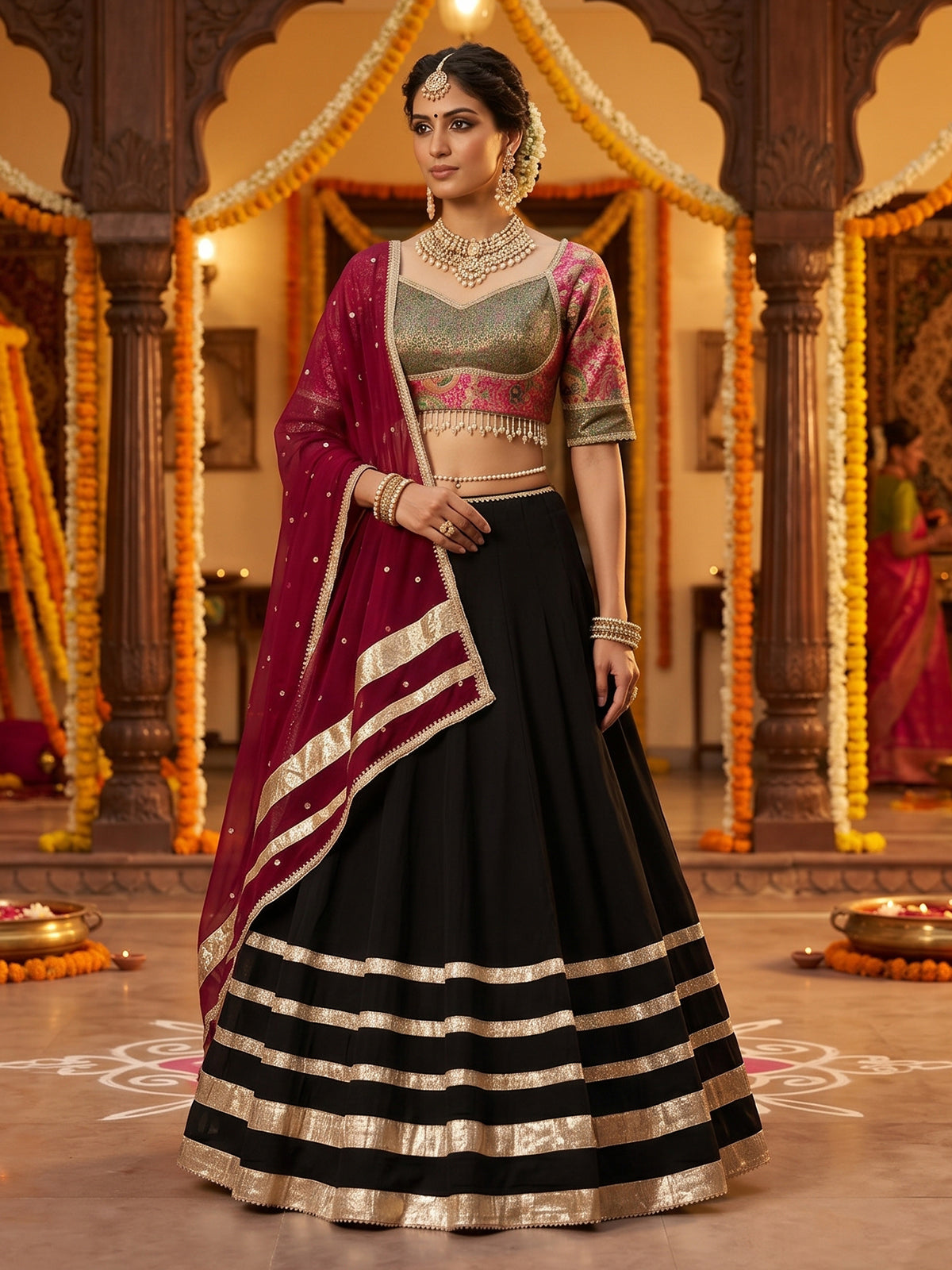 Black pichwai artistry festive lehenga statement attire