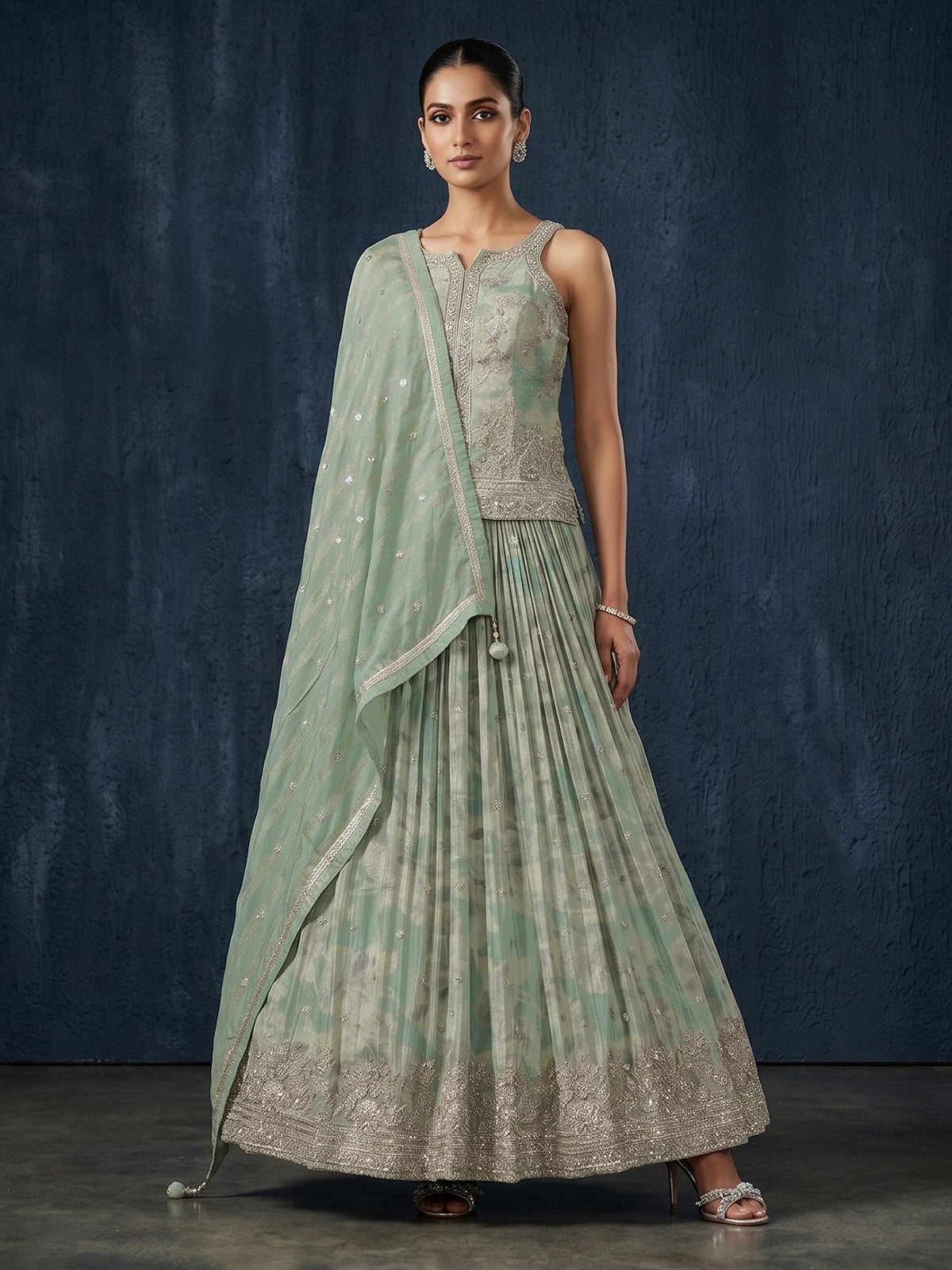 Mint green swarovski embellished designer lehenga allure