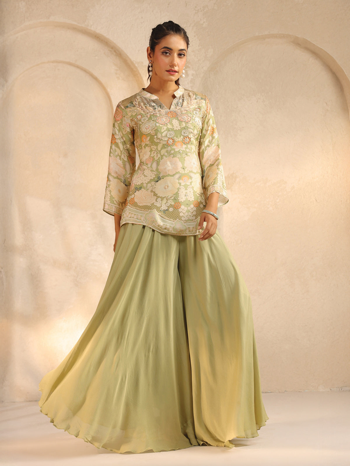 Pista green printed palazzo suit with bead work