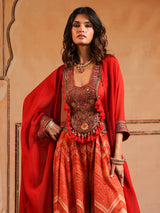 Red printed palazzo suit with shrug for wedding