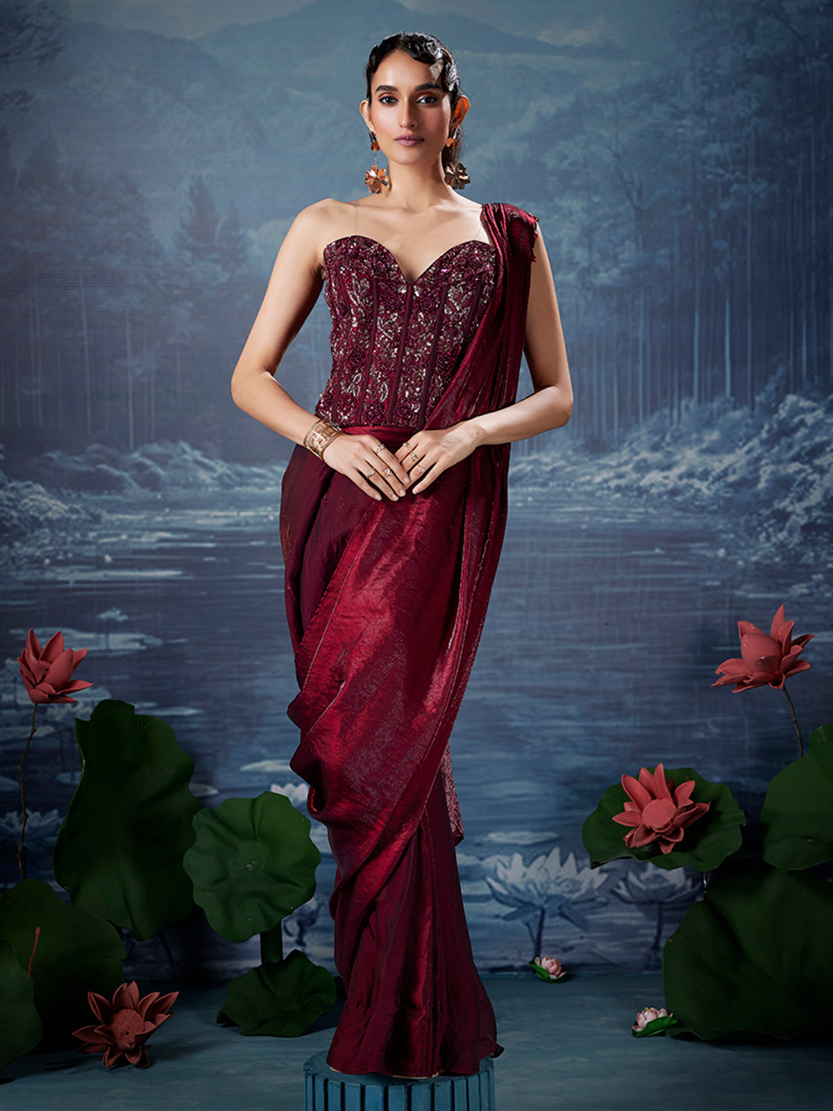 Maroon silk ready to wear saree for reception wear