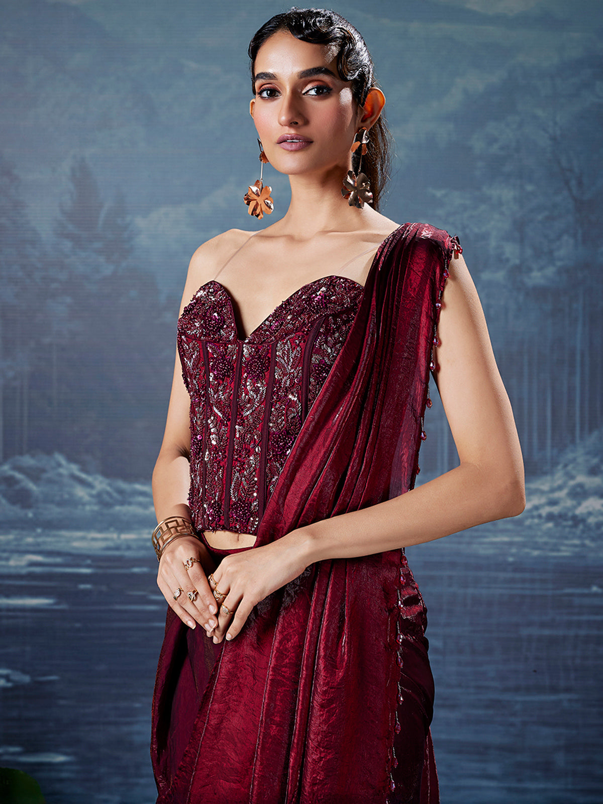 Maroon silk ready to wear saree for reception wear