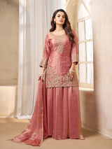 Onion pink pakistani style palazzo suit in chinon silk