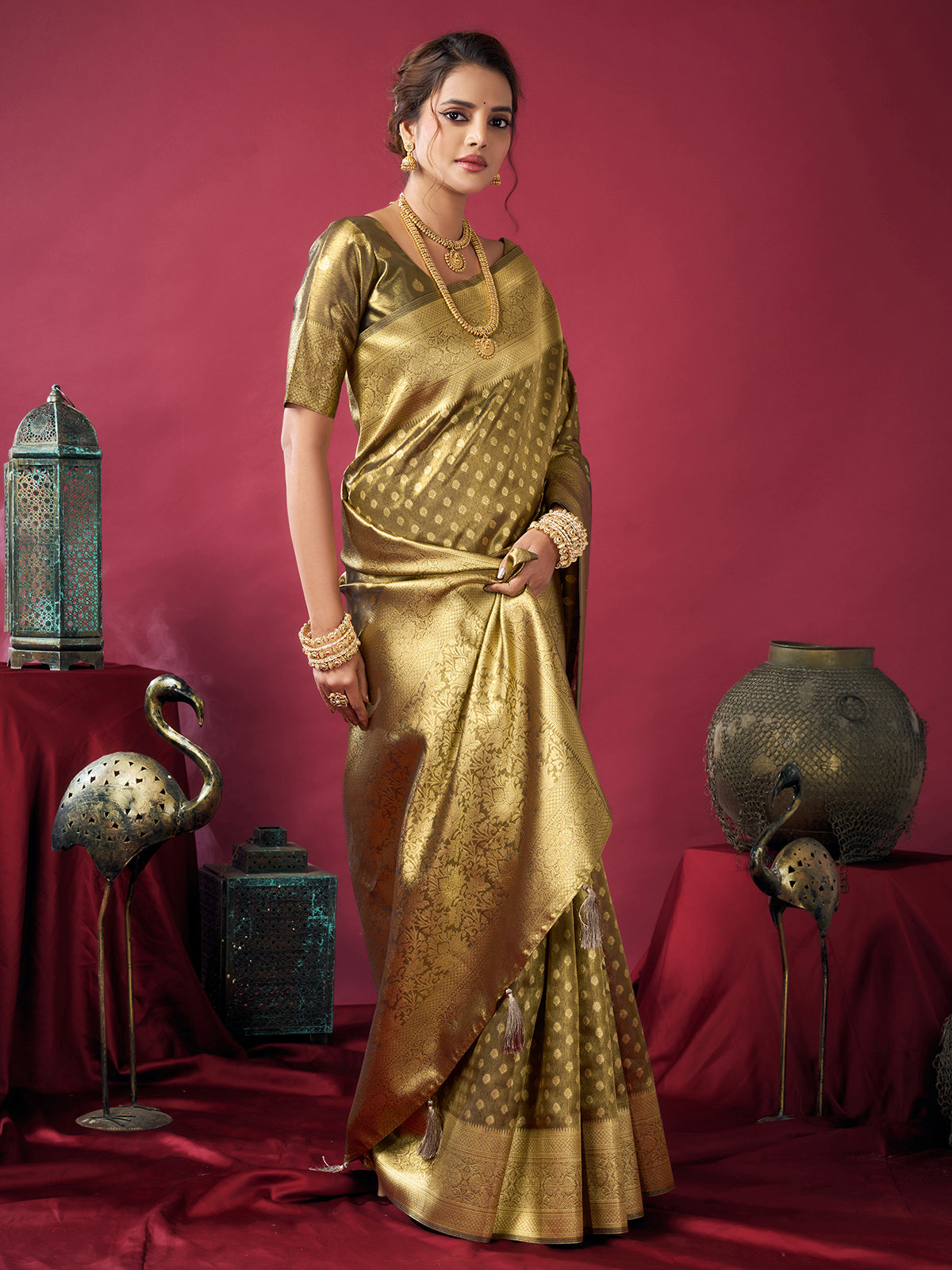 Olive silk festive wear saree with zari shine