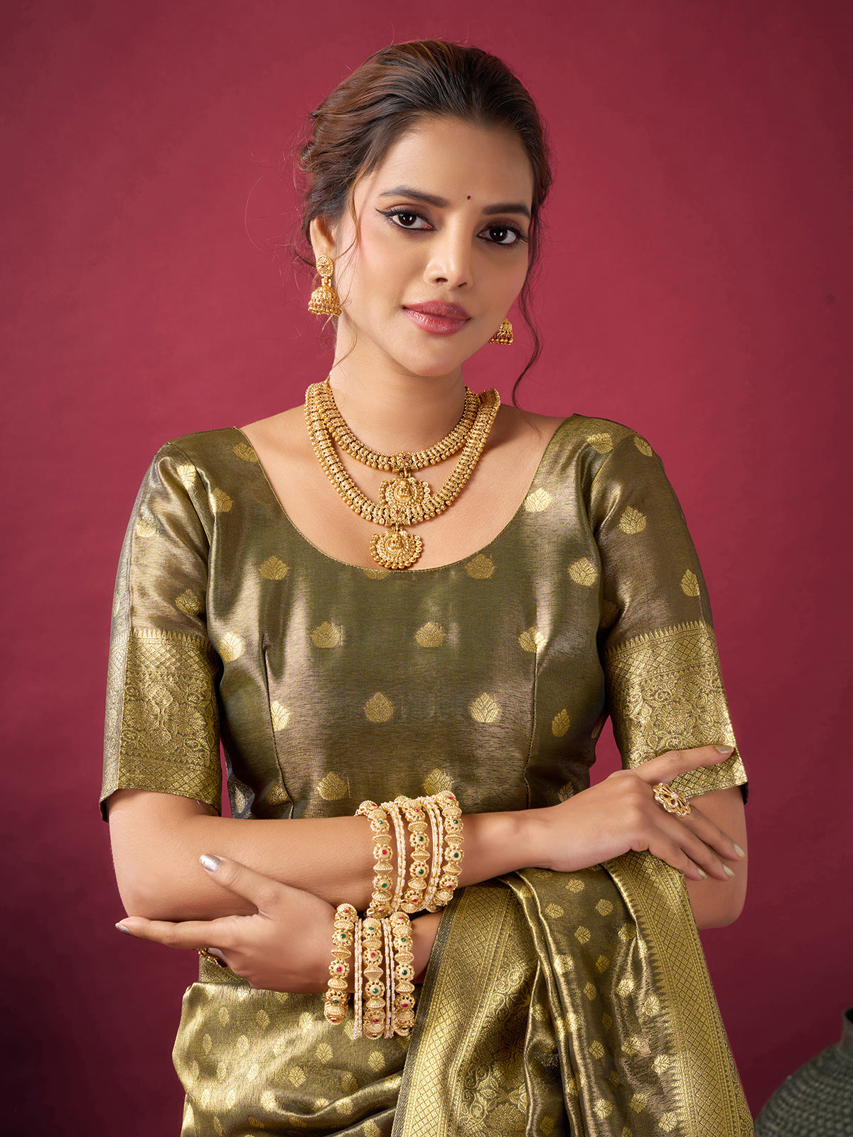 Olive silk festive wear saree with zari shine