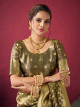 Olive silk festive wear saree with zari shine