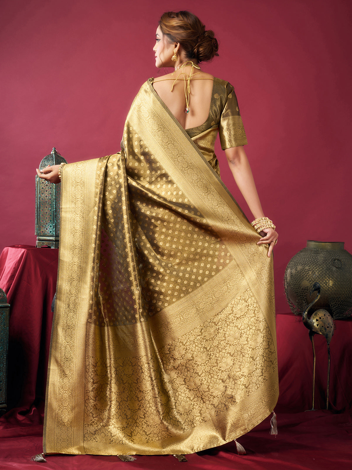 Olive silk festive wear saree with zari shine