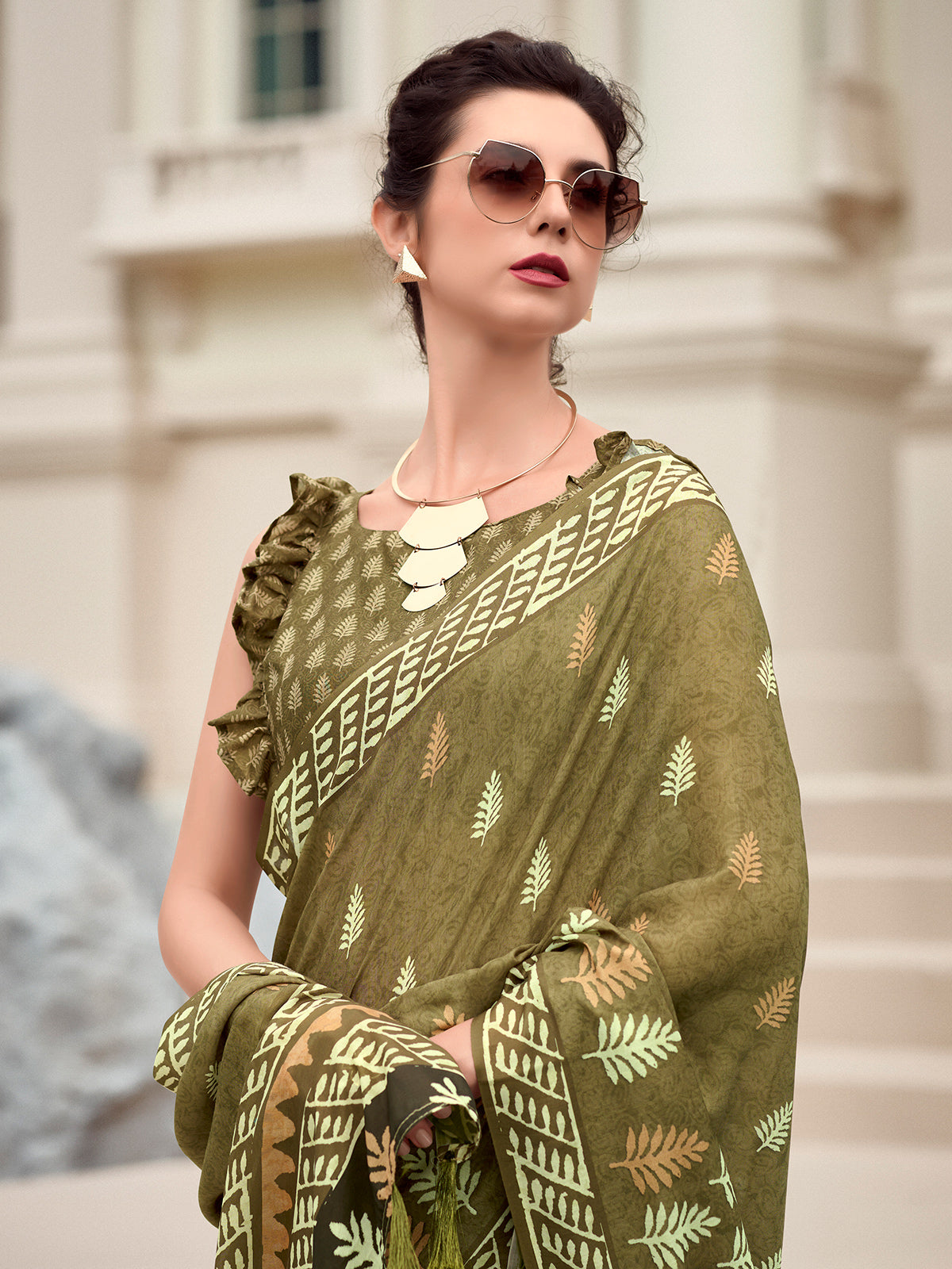 Dark olive malmal silk saree for festival