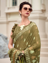 Dark olive malmal silk saree for festival