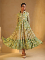 Beige and green silk kurti with print