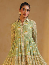 Beige and green silk kurti with print