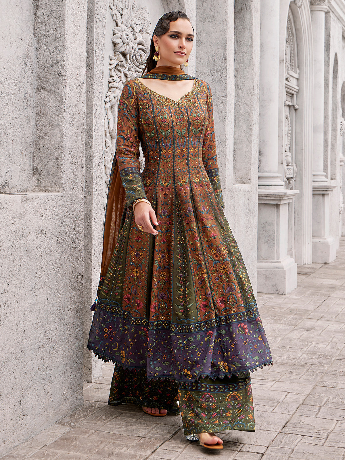Brown silk palazzo suit with mirror and stone detailing