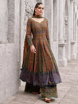 Brown silk palazzo suit with mirror and stone detailing