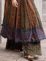 Brown silk palazzo suit with mirror and stone detailing