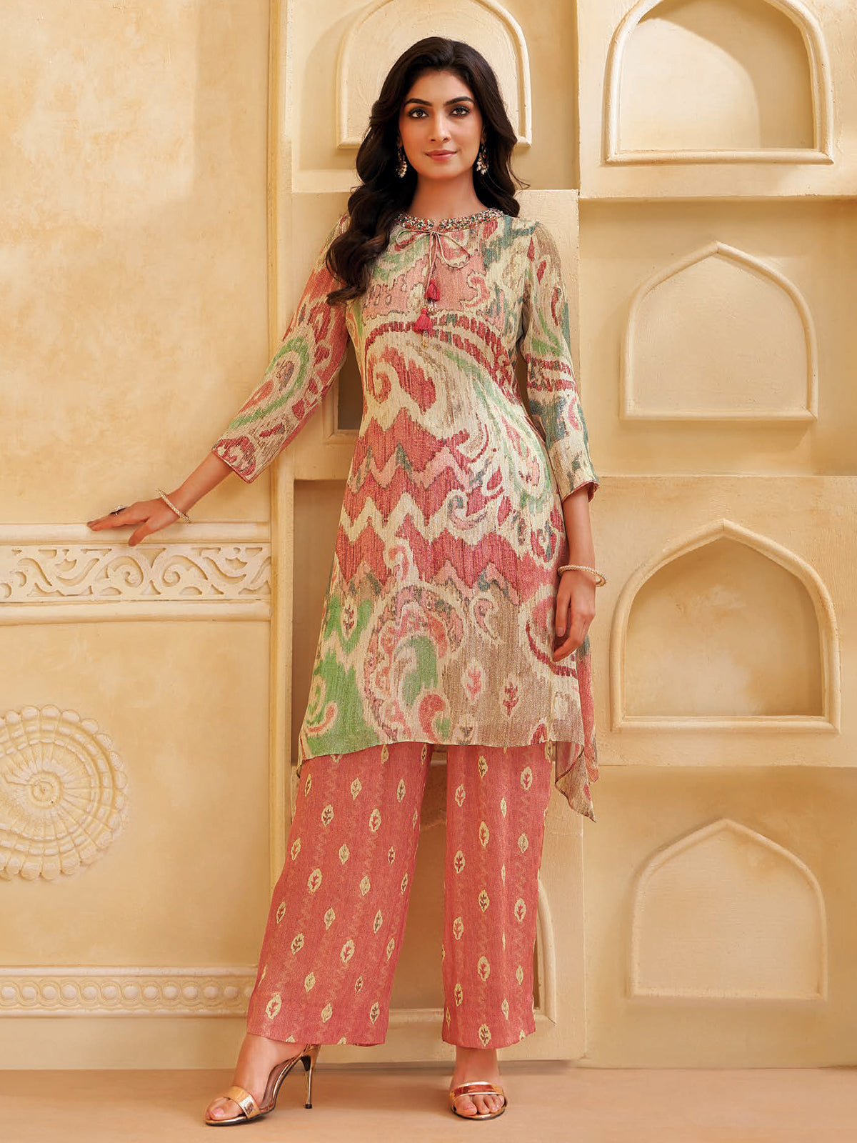 Peach silk printed salwar suit with keyhole neck