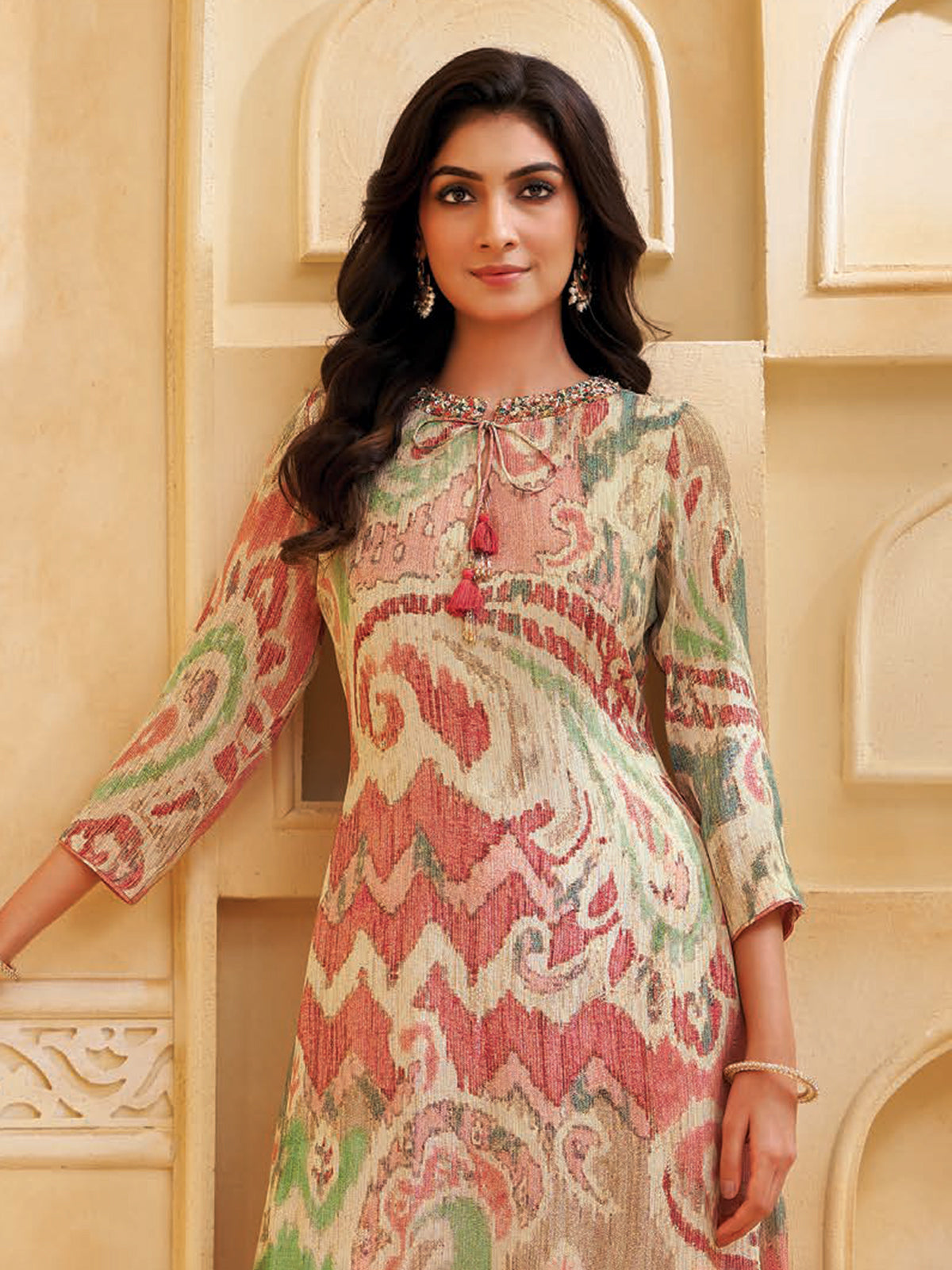 Peach silk printed salwar suit with keyhole neck