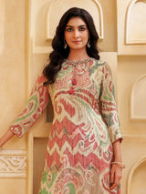 Peach silk printed salwar suit with keyhole neck