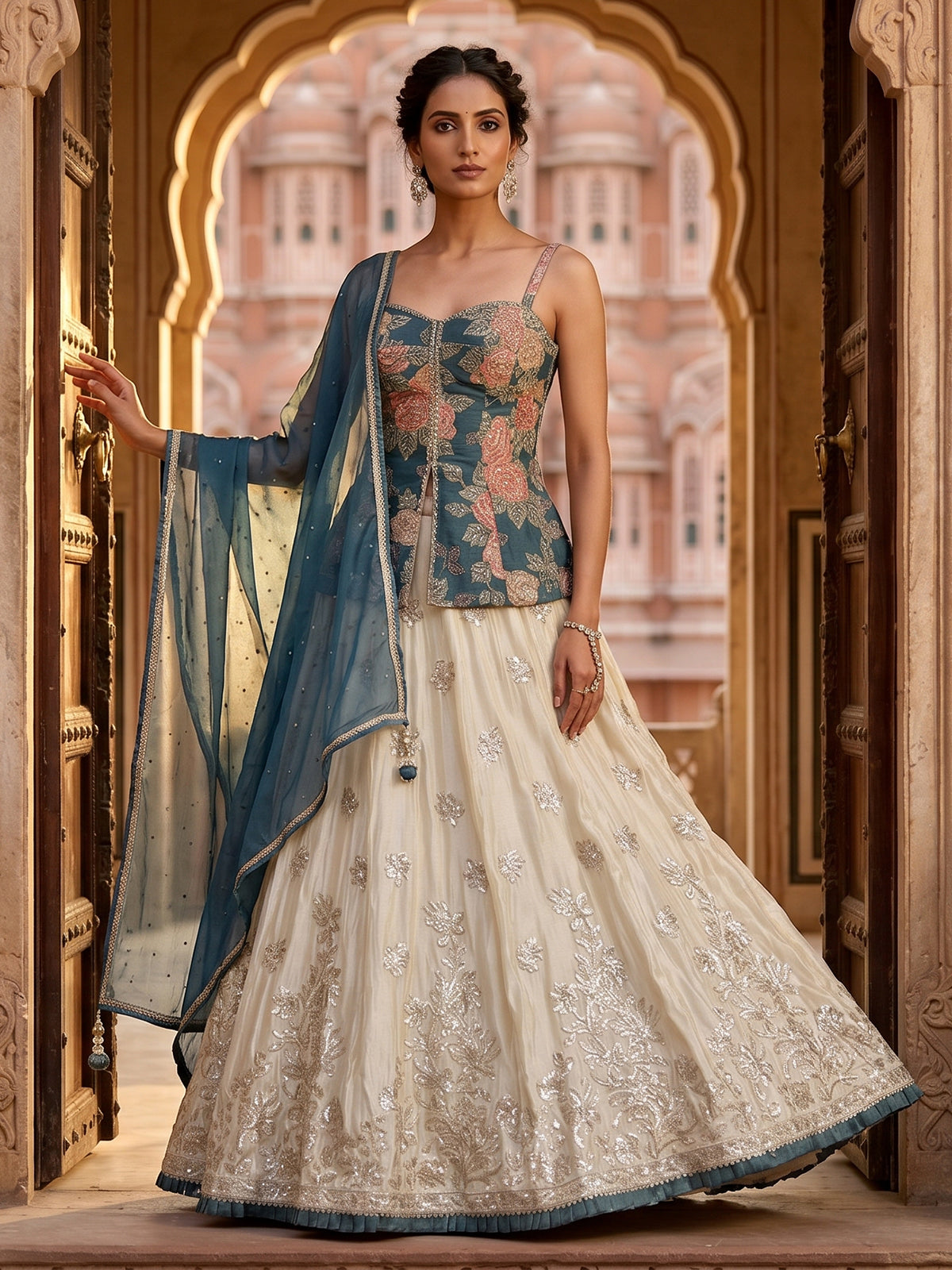 Cream teal blossom peplum lehenga wedding splendor