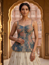 Cream teal blossom peplum lehenga wedding splendor