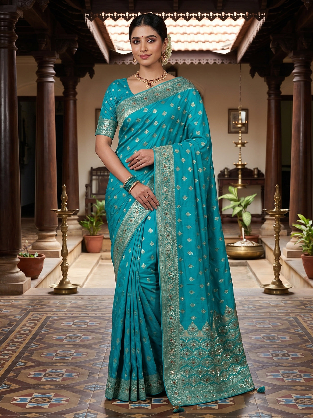 Blue crystal accent dola silk saree