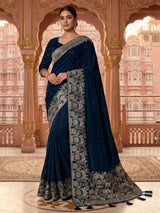 Navy blue royal peacock border dola silk saree