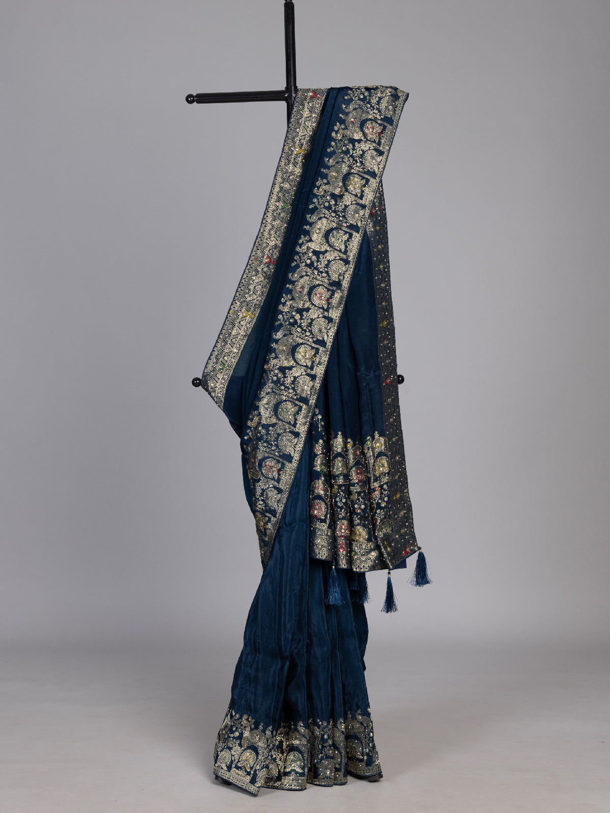 Navy blue royal peacock border dola silk saree