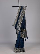 Navy blue royal peacock border dola silk saree