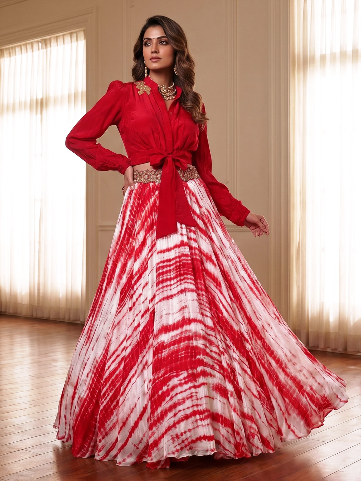 Red satin silk designer printed lehenga choli