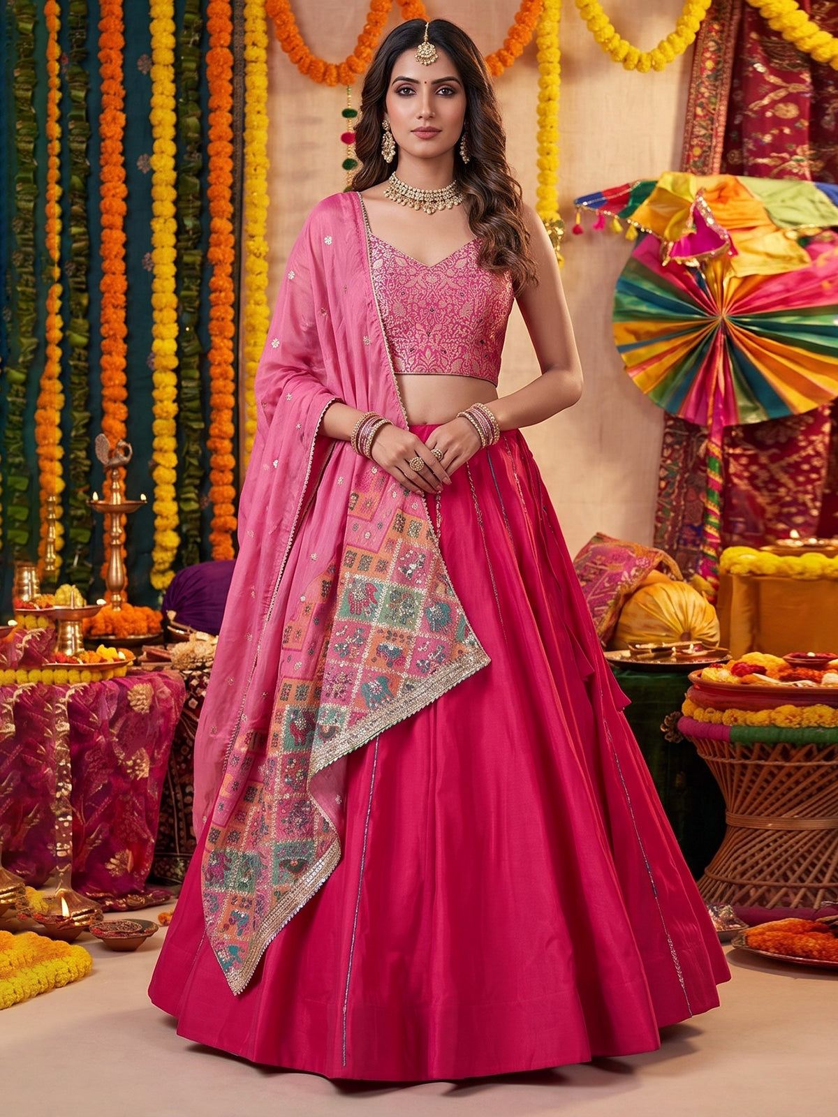 Rani pink festive glamour lehenga with brocade charm