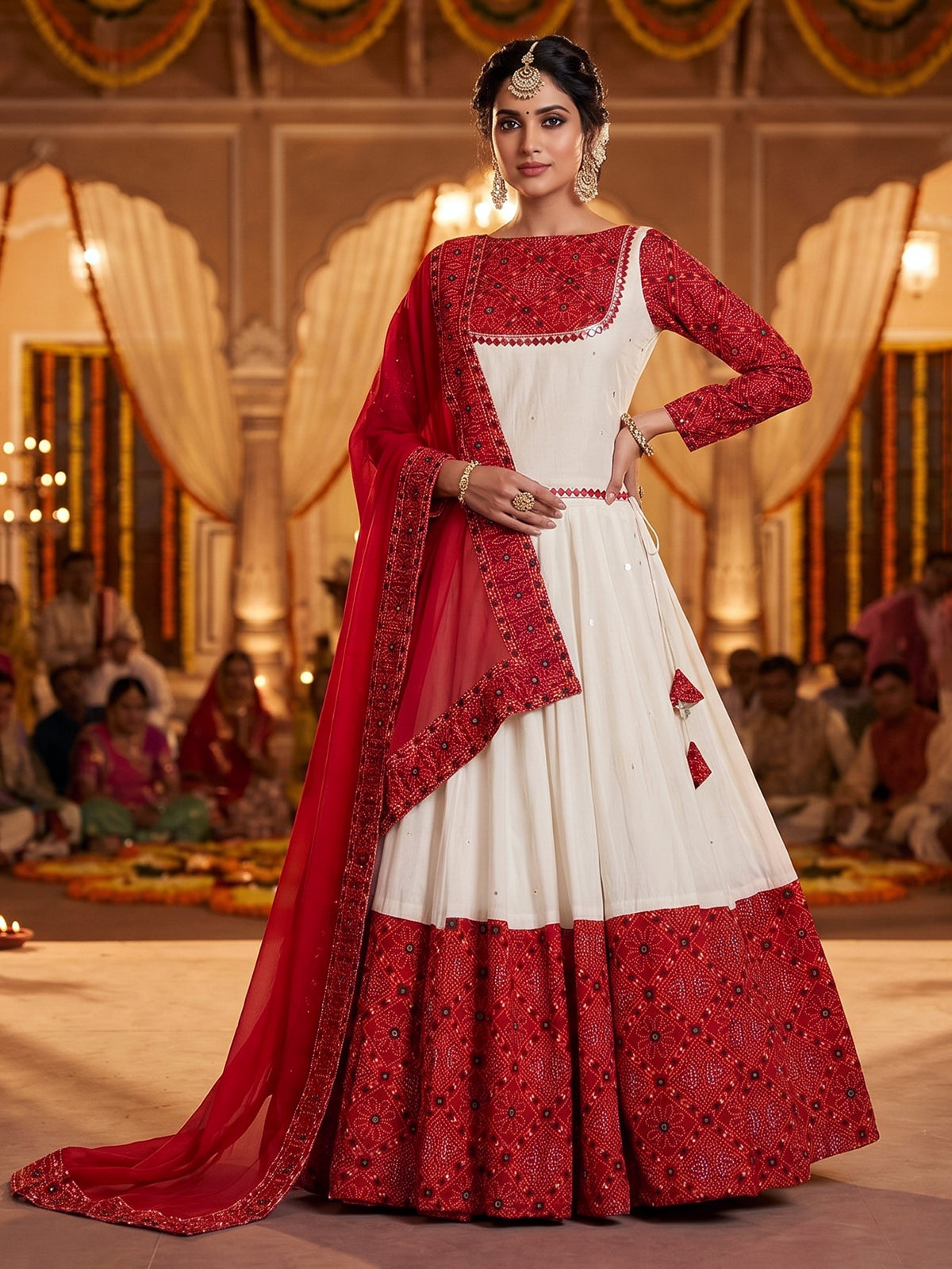 Red bandhani heritage lehenga with festive flair