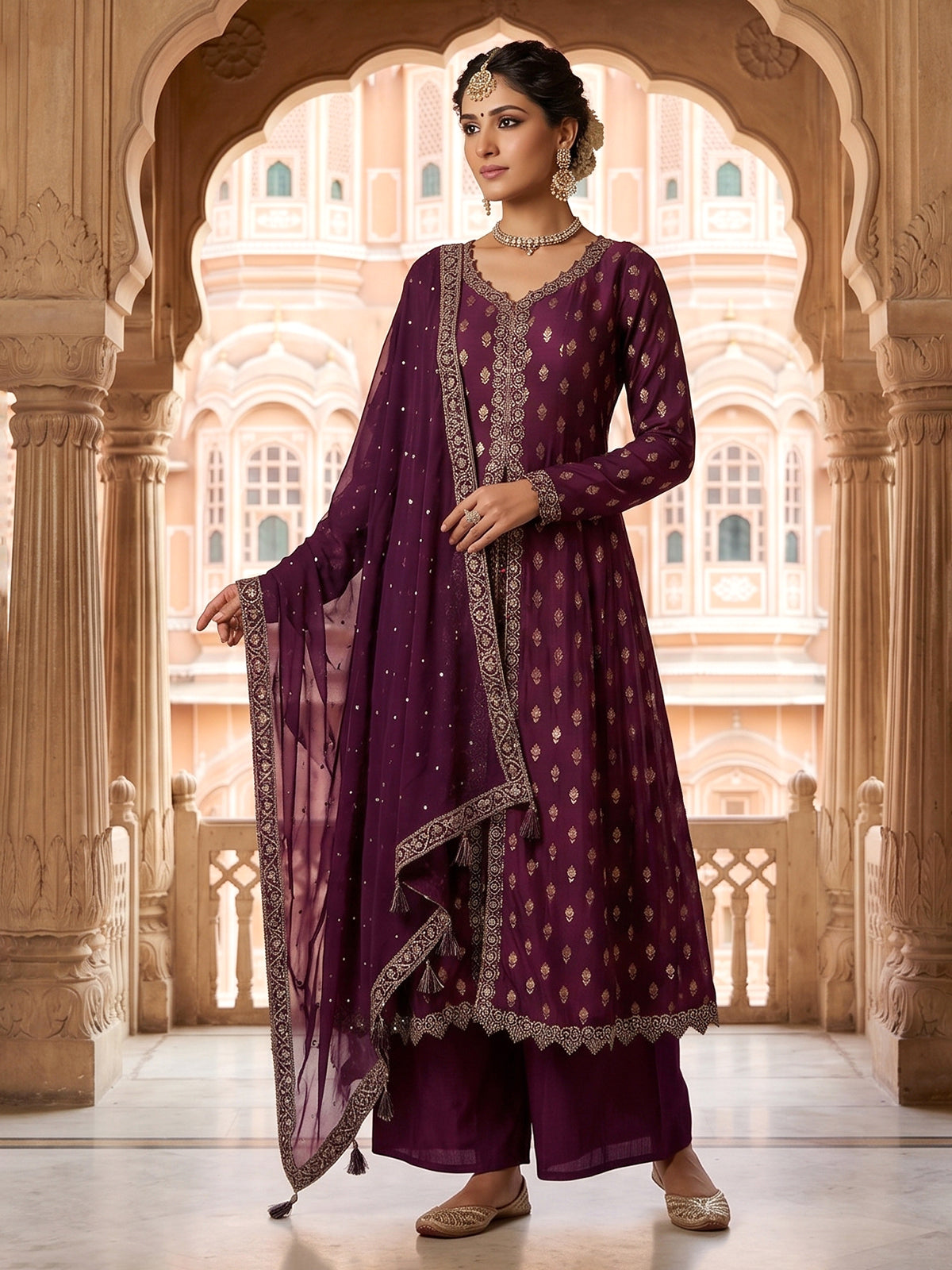 Deep wine banarasi silk anarkali palazzo suit