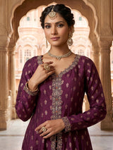 Deep wine banarasi silk anarkali palazzo suit