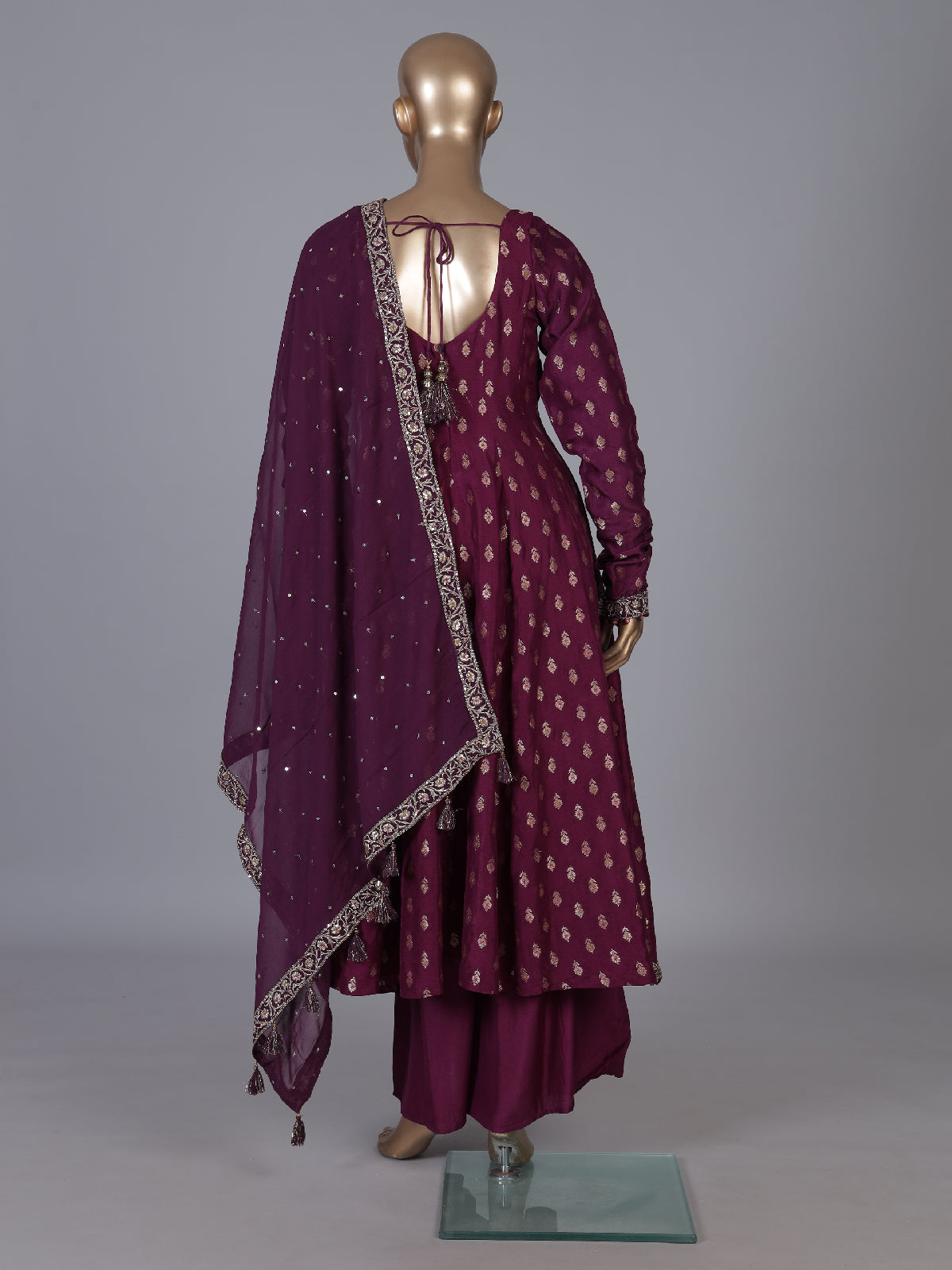 Deep wine banarasi silk anarkali palazzo suit